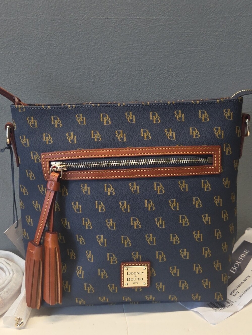 Dooney & Bourke Navy Logo Crossbody with Brown Trim and Tassel